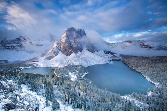 early monring in the mountains of Canada after the first snow of the season