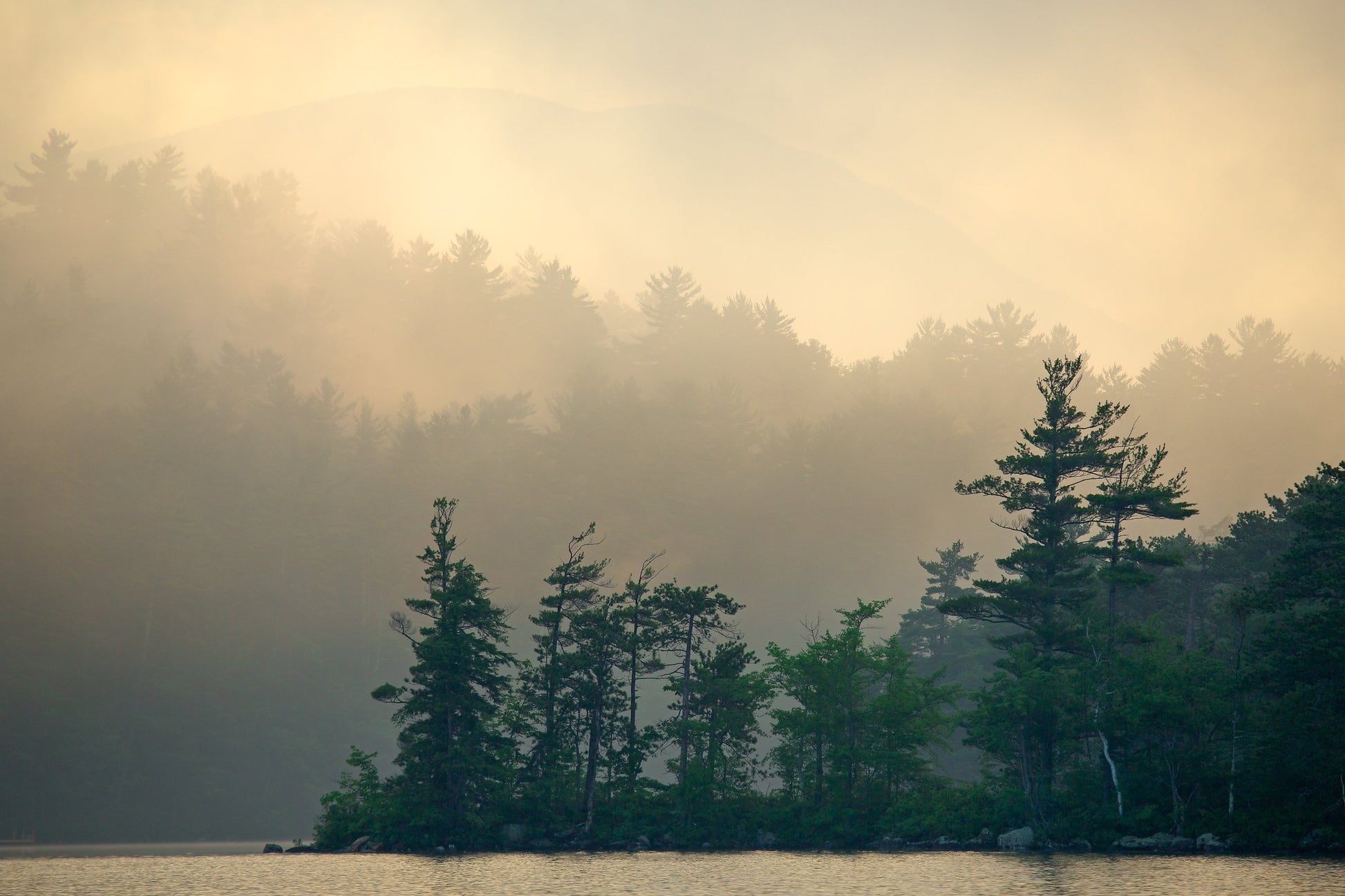 sunrise breaks through the morning fog on a wooded lake and mountain top in New Hampshire