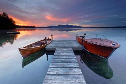 vintage wooden boats docked on Squam Lake in New Hampshire