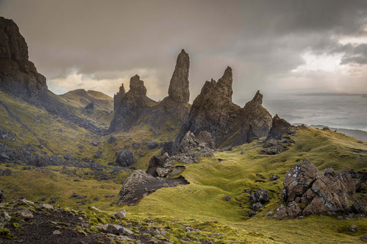 strange rock formations while hiking the Isle of Skye in Scotland