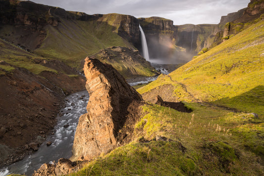 rainbow in the mist of the Haifoss Waterfall in Southern Iceland